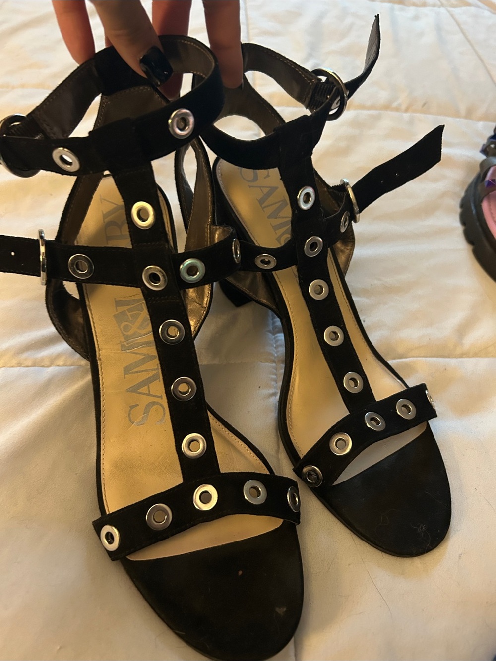 Sam & Libby Black Grommet T-Strap Heels